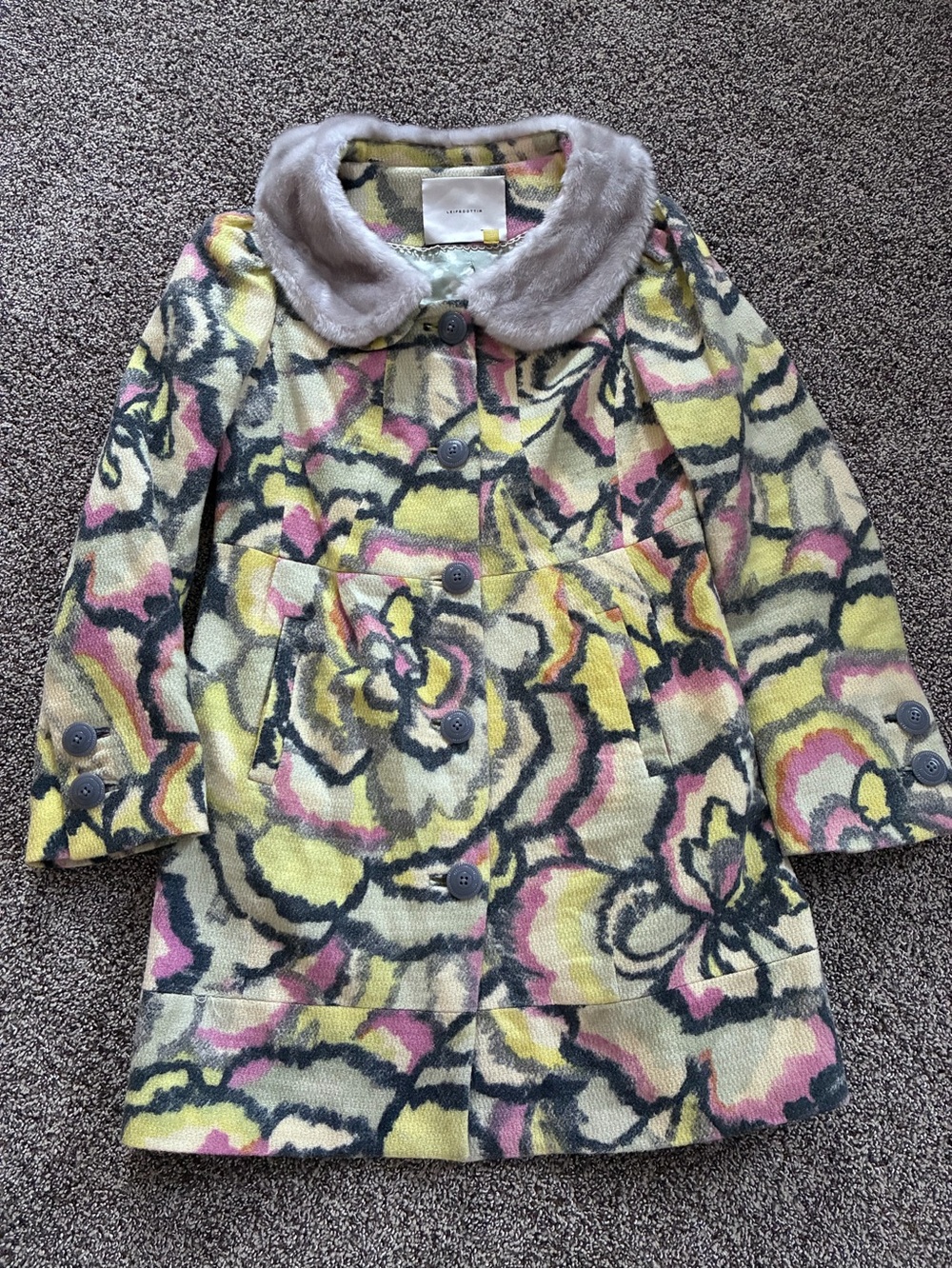 Leifsdottir Anthropologie Floral Faux Fur Collar Coat Size 10
